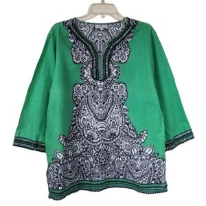 Oso Casuals Boho Top Green Black White Paisley Beaded Size Large
